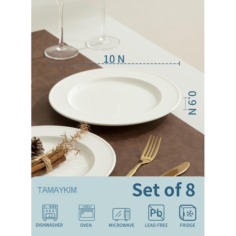 TAMAYKIM 10 Inch Porcelain Salad Dinner Plates 8 Pieces, Wide