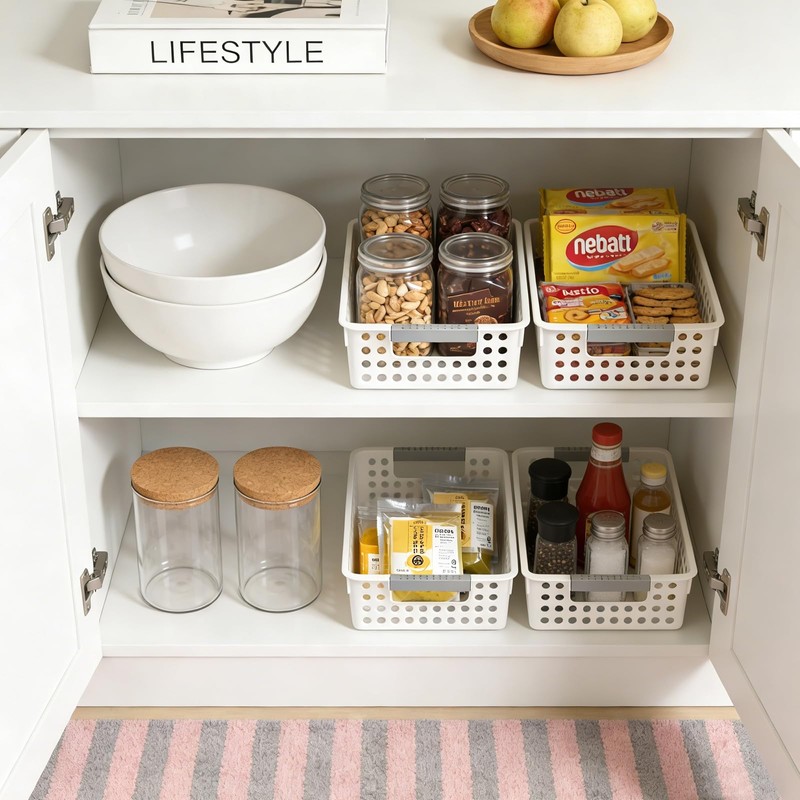 4 Pack Small Plastic Storage Baskets for Organizing, Stackable Bins