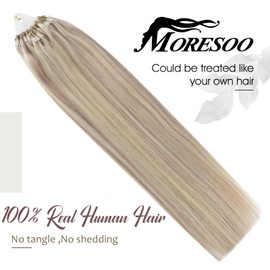 Moresoo Microloop Hair Extensions Human Hair Ash Blonde with Blonde 20 inch Micro Link Human Hair Extensions Blonde Highlight Micro Ring Loop Human Hair Extensions 50 Strands 50G