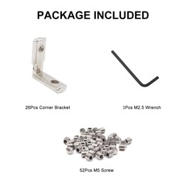 26Pcs 2020 Joint Corner Brackets Set with 52Pcs M5 Screw and 2Pcs M2.5 Wrench for 2020 Series Aluminum Extrusion Profile Silver