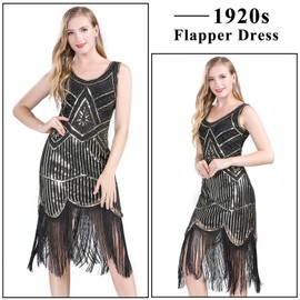 FEPITO 1920s V Neck Sequin Beaded Fringed Dress with 20s Accessories Set, Black gold