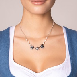 Alpenflüstern DHK337 Metal Costume Necklace Rhinestone Edelweiss Triology – Women's Costume Jewellery Dirndl Necklace (Antique Silver-Colour), Zinc