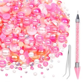 TOAOB 60g Mix Pearls and Rhinestones 3mm to 10mm Flatback Rhinestones and Half Pearls Gems Rhinestones and Flat Back Pearls with Tweezers and Picking Pen for Crafts Nails Art Clothes Shoes Tumblers