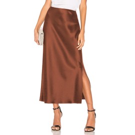 Women's Satin Midi Skirt Dressy Elastic High Waisted Silk Slip Flowy Ruffle Flared Cocktail Party Work A Line Skirts Copper
