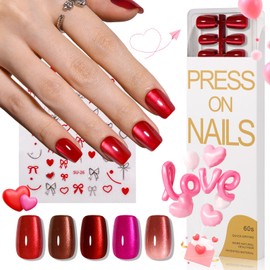 CUZIAM Red Cat Eye Press on Nails Short Square, 5 Color Light to Dark Cherry Red Magnetic Gel Nails with Heart Nail Stickers set for Women Valentine's Day, 150pcs Pre-Builded Fake Nails Manicure Kit