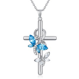 Flpruy Dragonfly Cross Necklace 925 Sterling Silver for Women Crystal Dragonfly Gift Forever in My Heart Love Jewelry Gift for Wife Daughter Mother