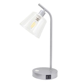 Simple Designs LD1074-SLV 15.75" Sleek Essentials Modern Industrial Metal Desk Lamp with Clear Glass Shade and Dual USB Ports, for Office, Desk, Nightstand, Dorm, Silver