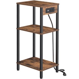 Creso hom Tall End Table with Charging Station and USB Ports, 3 Tier Narrow Side Table with Storage, Narrow Nightstand with Outlets for Bedroom, Living Room, Office, Rustic Brown and Black