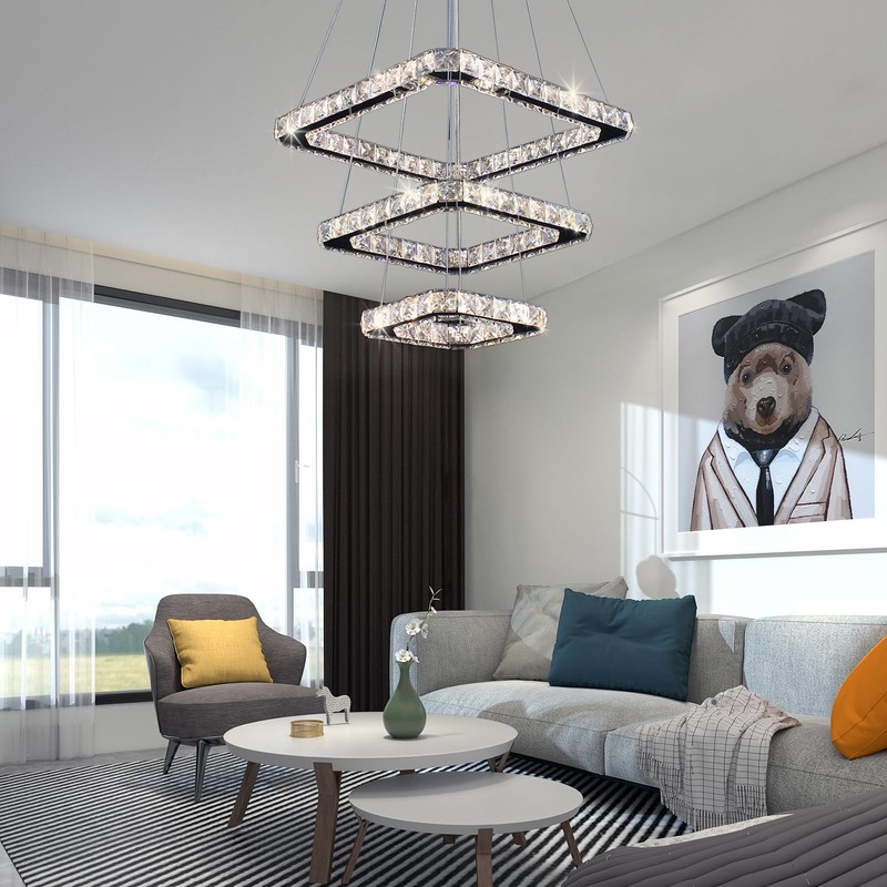 diisunbihuo Modern Crystal Chandeliers LED Square 3-Rings Chandelier Pendant Lights