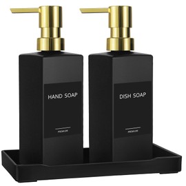 GMISUN Kitchen Soap Dispenser Set with Tray, Dish Soap Dispenser for Kitchen, Hand and Dish Soap Dispenser Set, Black Hand Soap Dispenser with Gold Pump, Glass Liquid Soap and Lotion Dispenser Set