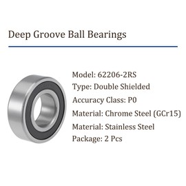 Kozelo 2pcs 62206-2RS Ball Bearing - [30x62x20mm] Chrome Steel Double Sealed Deep Groove Ball Bearings for Machinery Applications Industrial Equipment