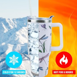 Lumumanber 40 oz Dragonfly Tumbler with Handle and Straw, Travel Mug Water Bottle, Stainless Steel Insulated Cup with Lid and Straw, Birthday Christmas Gifts