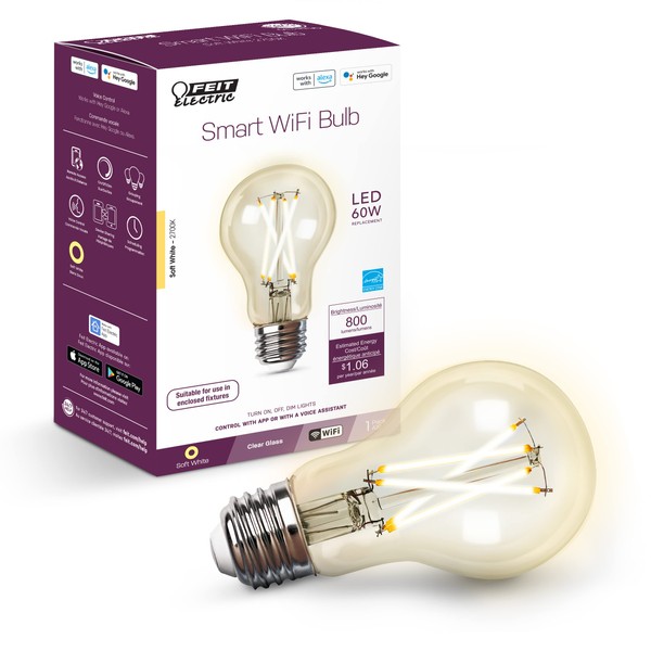 Feit Electric A1960CL/927CA/FIL/AG 60 Watt Equivalent WiFi Dimmable, No Hub Required, Alexa or Google Assistant, Filament A19 LED Smart Light Bulb, 4" H x 2.25" D, 2700K Soft White