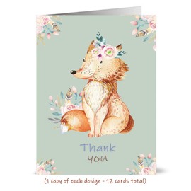 Recycled Thank You Cards - 12 Folding Animal Thank You Cards with Matching Green Recycled Envelopes