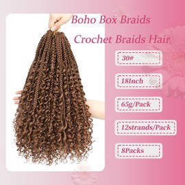 Goddess Box Braids Crochet Hair 18Inch 8Packs Pre Looped Boho Box Braids Braiding Hair Curly Ends Bohomian Crochet Box Braids (30#, 18 inch)