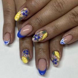 Blue French Tip Press on Nails Short Almond Press on Nails Fake Nails with Lemon Blueberries Designs Summer Glue on Nails Flower Print Acrylic Full Cover False Nails Tip Stick on Nails for Women 24PCS