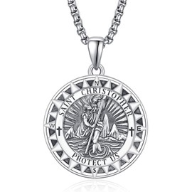 ADMETUS St Christopher Medal Compass Sterling Silver Saint Christopher Pendant Necklace Round St. Christopher Medal for Men Protection Jewelry Religious Gifts