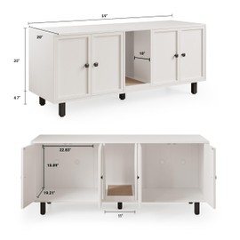 ONBRILL 59 Inches Cat Litter Box Enclosure for 2 Cats, Hidden Litter Boxes Furniture with Cat Scratch Pad, Large Indoor Pet House with Double Room, Wooden TV Stand Side Table, Off White