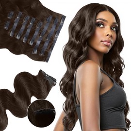 Flooyeer Seamless Clip in Hair Extensions Human Hair, Ultra-thin PU Weft, Body Wave, 16 inch 130g 9pcs, 2 Dark Brown, Clip in Hair Extensions Real Human Hair, Real Hair Extensions Clip in Human Hair