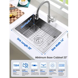 ROVOGO 20"x16"x9" Drop-In Kitchen Sink 304 Stainless Steel Anti-Scratch Honeycomb Surface, Single Bowl with Drying Rack, Bottom Grid and Drain, Self-Rimming Top Mount Bar Sink, Brushed