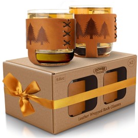 Oowee Genuine Leather Sleeve & Rocks Glasses - Set of 2 | 9.6 oz Whiskey Glasses & Old Fashioned Glasses | Great Gift for Men - Sleeve Made in the USA - Pine Trees