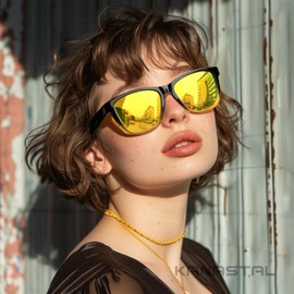 KANASTAL Sunglasses Men's Polarised Black Women UV400 Protection Rectangle Retro Unisex Classic Driving Glasses for Travel Hiking and Everyday Use, N-yellow/mirrored