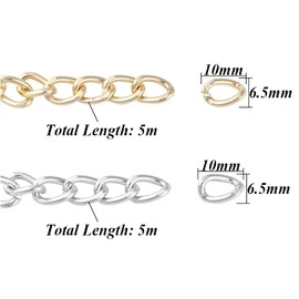 Vasemele Aluminium Curb Chains 2 Rolls 5 m Twisted Chain with Spool Curb Chains Aluminium Unwelded Unwelded Twisted Chain Curb Chain Made of Aluminium Link Chain Gold Silver 10 x 6.5 mm