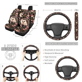 Suobstales Hedgehog Floral Print Car Accessories Set of 13, Include 4 Auto Seat Covers, 1 Steering Wheel Cover, 1 Car Trash Can, 2 Seat Belt Covers, 2 Coasters, 1 Rearview Mirror Cover, 2 Keychians