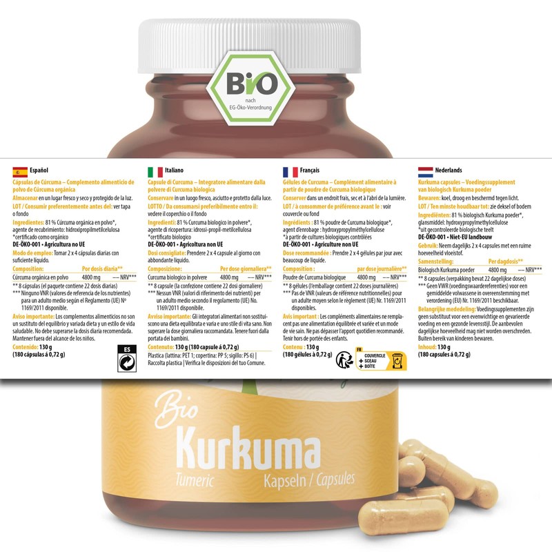 Turmeric Capsules High-Dose Organic 600 mg Curcuma Powder per Capsule,