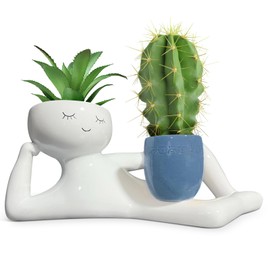 JEAMZHU Lazy Guy Planter,Funny Plant Pots with Planter with Drainage Hole,Unique Lying Figure Decor for Home or Garden,Cute Plant Pot Gift,Funny pots for Plants - Smiling Face with Funny Planter Pots