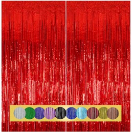Montegoni 2pcs 3.3ft x 8.2ft Glitter Red Tinsel Curtains, Foil Fringe Streamers for Party Decor - New Year, Birthday, Baby Shower, Wedding, Holiday Backdrop Decoration