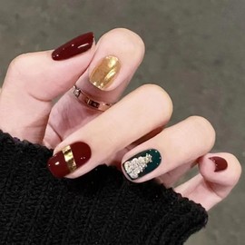 Quancru 24Pcs Christmas Press on Nails Red French Oval Fake Nails Half Matte Manicure Nail Art Decoration DIY Holiday Party for Women Girls