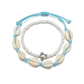 GAUEIOUR Bohemian Shell Turtle Anklets,Layered Feet Chain Handwoven Shell Turtle Shell Beaded Feet Chain Bracelet,Summer Barefoot Beach Ankles(2 Pieces)