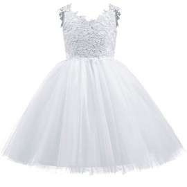 ABAO SISTER 3D Lace Applique Tulle Shoulder Strap Flower Girl Junior Bridesmaid Dress White Size 4