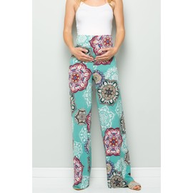 My Bump Women's Maternity Casual Bohemian Damask Palazzo Pants W/Tummy Control (Medium, Mint/Magenta SK)