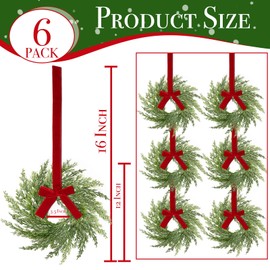 6 Pack Mini Christmas Wreaths for Cabinets, 12 Inch Christmas Cabinet Wreaths for Kitchen with Soft Cypress Pine Tips Red Bow Xmas Hanging Decorations for Window Mantel Stairs Wall Home Decor Indoor
