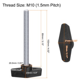 QUARKZMAN Pack of 4 Thumb Screws with T Wing Knobs, M10 x 80 mm, Plastic T-Head, Carbon Steel, 55 mm Threaded Bolts, Clamping Screw, Wing Screw, Grab Handles, Clamping Knob for Machine
