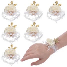 M METERXITY 6 Pack Wrist Corsage Bracelets, Artificial Flower Corsage Bracelets for Wedding/Prom/Party, Wrist Corsage Ribbon Decoration Hand Flower [Cream White]