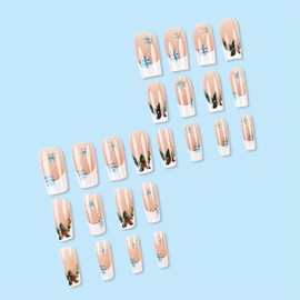 Christmas Press on Nails French Tip Fake Nails Medium False Nails with Green Plants Designs White Snowflakes Glue on Nails Square Stick on Nails Full Cover Winter Acrylic Nails Glossy Artificial Nails