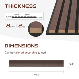 POHARE Wood Slat Wall Panels, 2 Pack 8 x 1 ft Decorative Wood Panels for Wall,Stylish Wall Panels for Interior Wall Decor, Modern Acoustic Wood Wall Panels with Felt Backing, Walnut