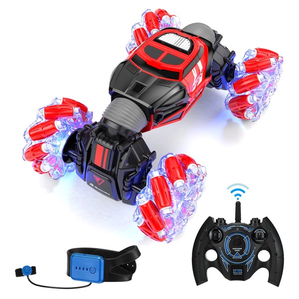 Powerextra Remote Control Car, 4WD 2.4GHz Rc Stunt Car, Watch Gesture Sensor Car, Double Sided Rotating Off Road Vehicle 360° Flips with 2 Batteries, Toy Cars for Boys & Girls Birthday - Red