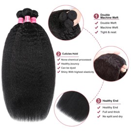 Rekeek Kinky Straight Hair Bundles Yaki Straight 3 Bundles Human Hair 16 18 20 Inch 12A 100% Unprocessed Brazilian Kinkycurly Bundles Human Hair Weave Bundles Human Hair Extensions Natural Black