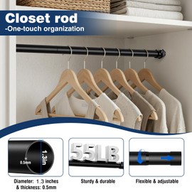 Zipglo Closet Rods for Hanging Clothes, 16 to 52 Inches Adjustable Closet Rod，Black Tension Rod for Closet Heavy Duty Metal Closet Pole, 1.3 Inch Diameter Closet Rod for Wardrobes Closet RV