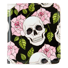 BECEERE Womens Walle Rfid Blocking Small Compact Bifold Pocket Wallet Women travel mini wallet Ladies Purse with ID Window, Roses and Skulls, Cute