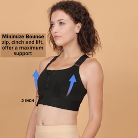 Bold Secret High Impact Sports Bra for Women, Zip Front Adjustable Wireless Push Up Support Workout Bra for Running Yoga, Black,X - Large