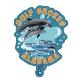 Die Cut Sticker Gulf Shores, Alabama, Dolphins Jumping, Contour Vinyl Sticker 1 to 3 inches (Waterproof Decal for Cars, Water Bottles, Laptops, Coolers), Small