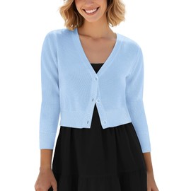 Urban CoCo Women's Cropped Cardigan V-Neck Button Down Knitted Sweater 3/4 Sleeve (Light Blue, M)