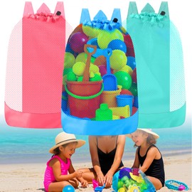Palksky Mesh Beach Bag for Kids, 3Pack Drawstring Sand Beach Toy Bag, Large Backpack Mesh Shell Bags for Beach, Toddler Beach Essentials, Toy Not Included
