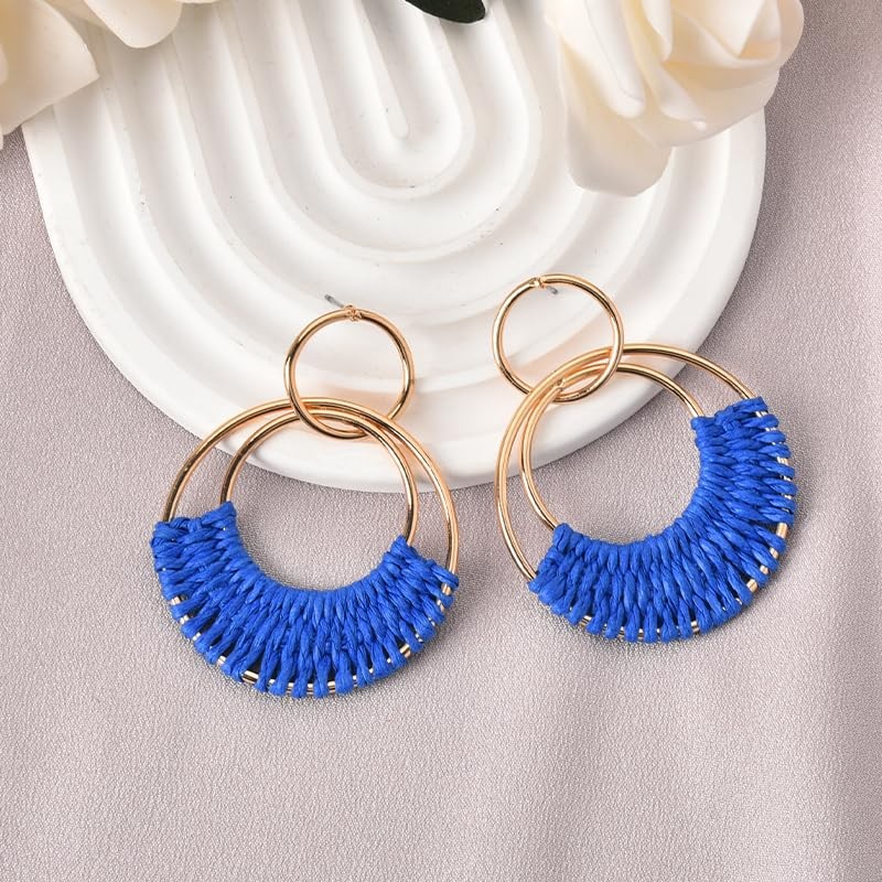 Royal Blue Earrings for Women Dainty Rattan Drop Earrings for