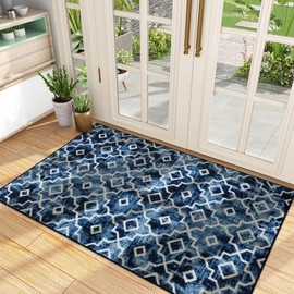 Wonnitar Moroccan Indoor Door Mat, 36"x59" Entry Rug Washable Front Door Mat, Non-Slip Absorbent Dirt Trapper Mat, Low-Profile Floor Carpet for Entryway Kitchen Bathroom (Post Blue,59'' x 35.4'')